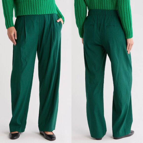 vince Pants - Vince Pleated Pull-On Linen Blend Wide Leg Pants Malachite Green Size XS